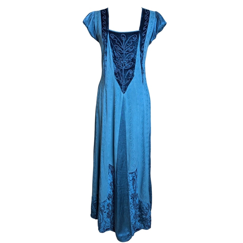 The Pyramid Collection Ren Faire Maxi Dress M Teal Velvet Whimsigoth Embroidered